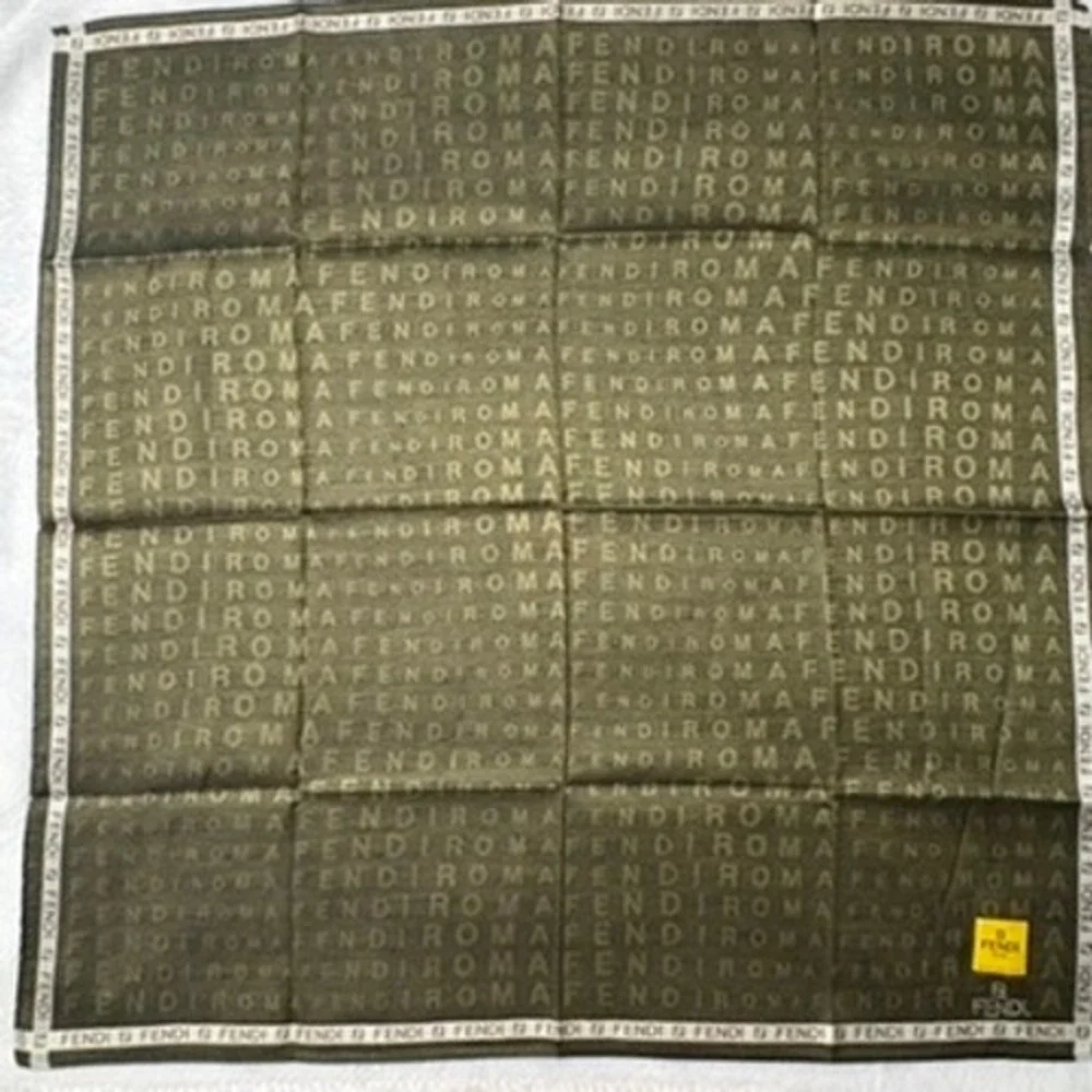 Vtg FENDI Scarf Handkerchief Monogram Olive Green Brown 19.5